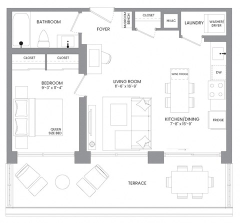 Floor plan for 1 bed, 1 bath, 596 sqft